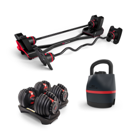 Bowflex SelectTech 840 Kettlebell, SelectTech 2080 Barbell with Curl Bar and 2-24kg SelectTech 552i Dumbbells (pair)